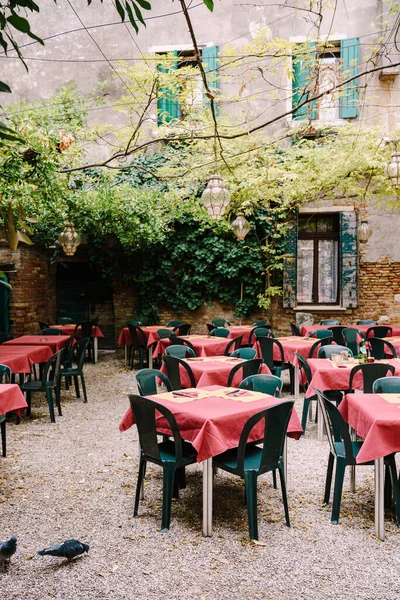 Pusta kawiarnia z powodu pandemii koronawirusa COVID-19. Pusta kawiarnia w patio na ulicy w Wenecji, Włochy. Stoły kwadratowe z czerwonym obrusem, zielone plastikowe krzesła. — Zdjęcie stockowe