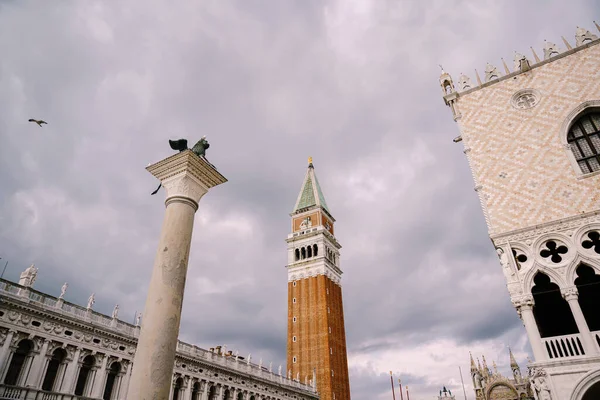 Een enorme klokkentoren gemaakt van rode baksteen op Piazza San Marco - Campanile van St. Marks kathedraal in Venetië, Italië. Tegen de achtergrond van een bewolkte, avond, oktober zonsondergang hemel. — Stockfoto