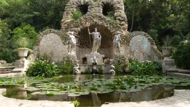 Stará kamenná fontána v botanické zahradě Trsteno, nedaleko Dubrovníku, Chorvatsko. Socha Neptuna, zlatá rybka ve vodě, kvetoucí zelené lilie. Umístění filmu Hra o trůny — Stock video