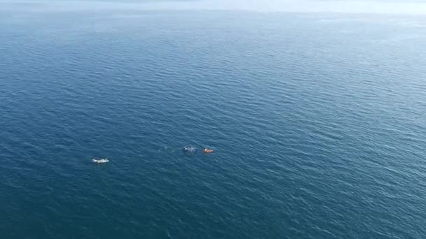Tres kayaks nadan en mar abierto, la orilla no es visible . — Vídeos de Stock