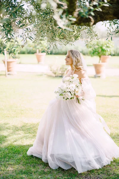 La novia en un magnífico vestido blanco, camina a la sombra de los olivos en un olivar. Boda en Florencia, Italia, una antigua villa-bodega . —  Fotos de Stock