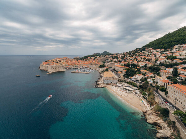 High aerial view from a drone on the coast of Dubrovnik and the old town in Croatia.