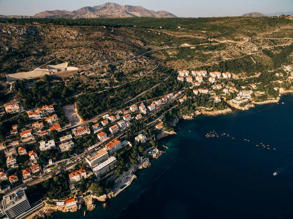 High aerial view from a drone on the coast of Dubrovnik and the old town in Croatia. — Stock Photo, Image