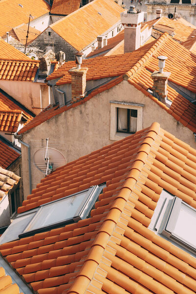 View from the wall on the tiled roofs of the old city of Dubrovnik.