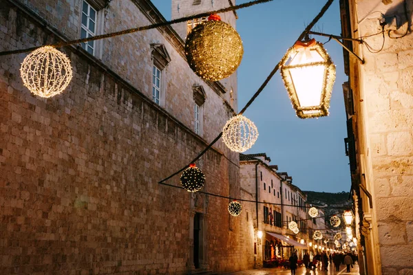 Christmas street decorations on the square of the old city of Dubrovnik in Croatia for the New Year.