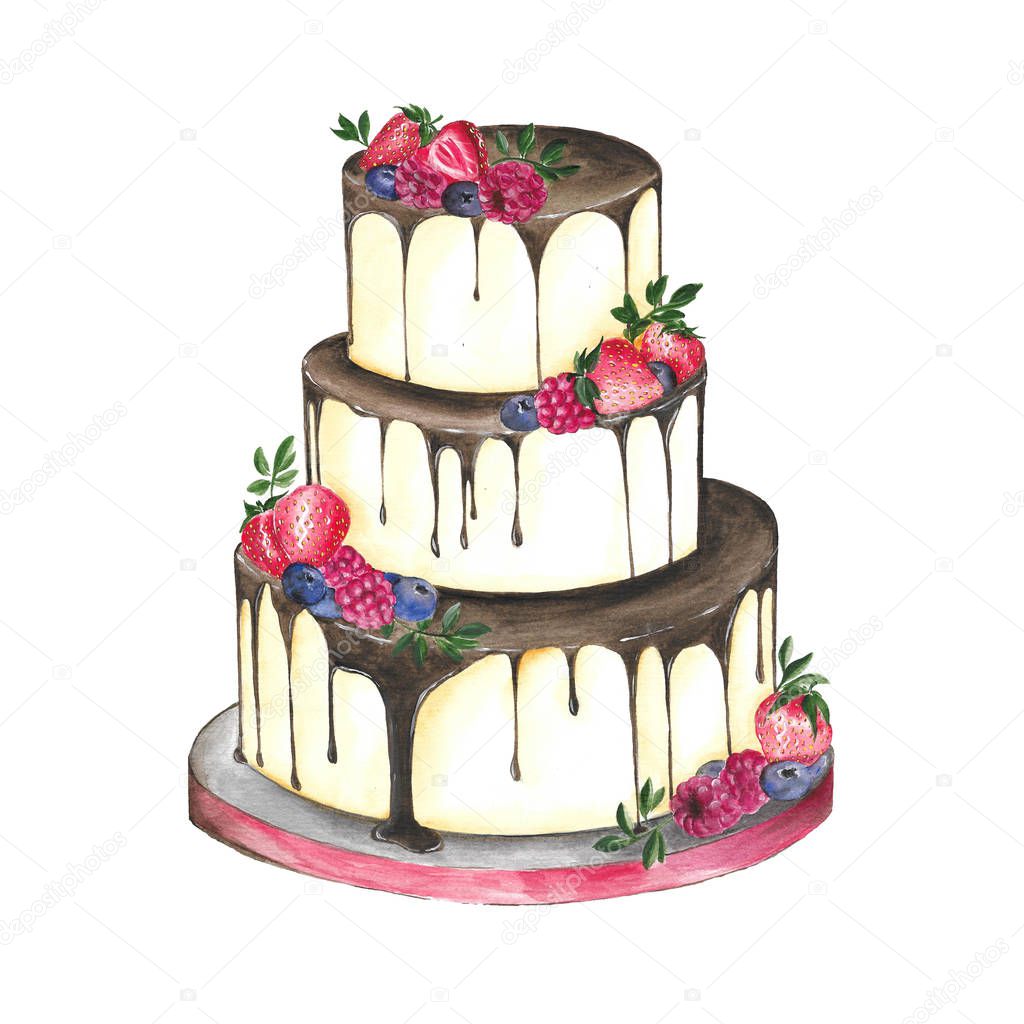 Isolated three-tiered cake with berries and chocolate on a white background.