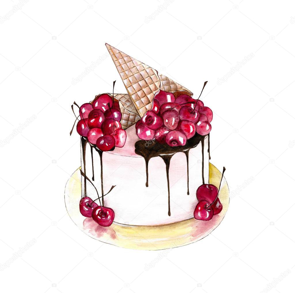 Isolated cake with cherry and chocolate on white background.