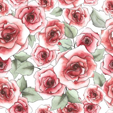 Çiçek deseni. Beyaz arka planda kırmızı güller ve yapraklar.