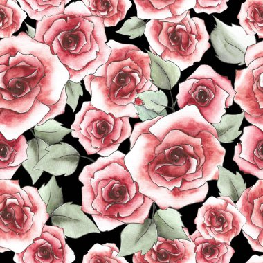 Çiçek deseni. Siyah arka planda kırmızı güller ve yapraklar.