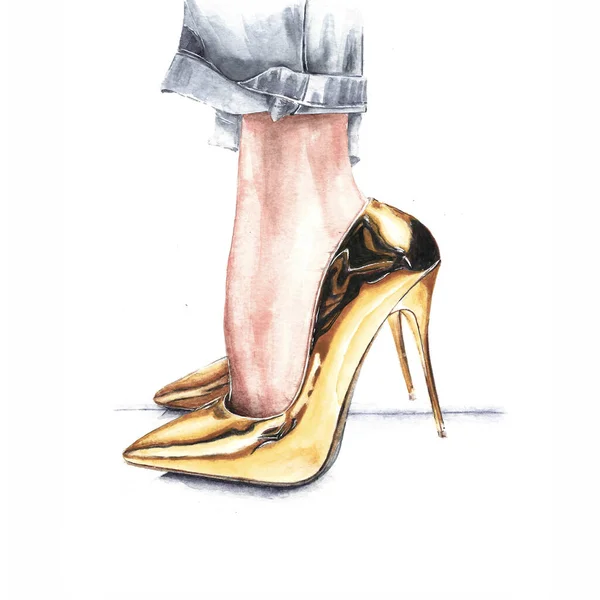 Ilustracja Mody Stylowe Złote Buty Wysokimi Obcasami — Zdjęcie stockowe