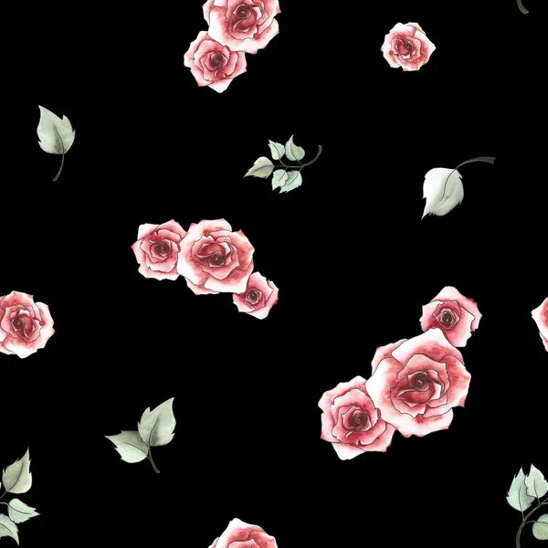 Padrão Flores Rosas Vermelhas Folhas Fundo Preto — Fotografia de Stock