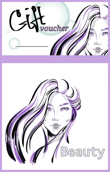 Logo Bon Podarunkowy Modny Portret Dziewczyny Pięknymi Włosami — Zdjęcie stockowe
