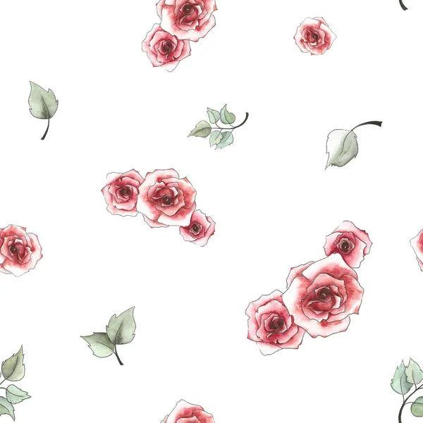 Virágminta Vörös Rózsák Levelek Fehér Alapon — Stock Fotó