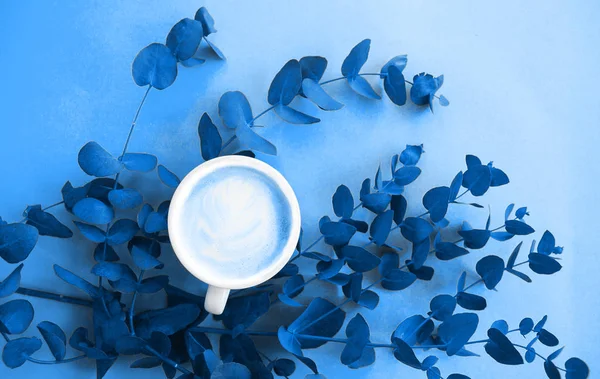 Beker van cappuccino met eucalyptus klassieke blauwe kleur achtergrond . — Stockfoto