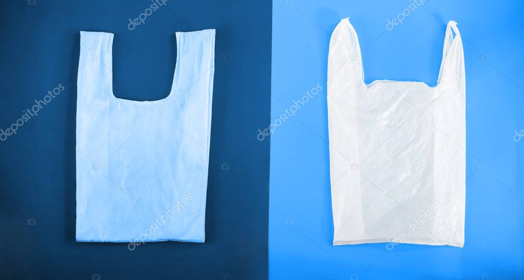 Choice between plastic bag and eco on classic blue color. Zero waste. Ecology and Environmental Save World Concept.