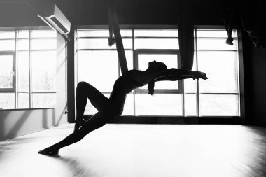Sinek yogası yapan genç ve güzel bir kadının silueti.