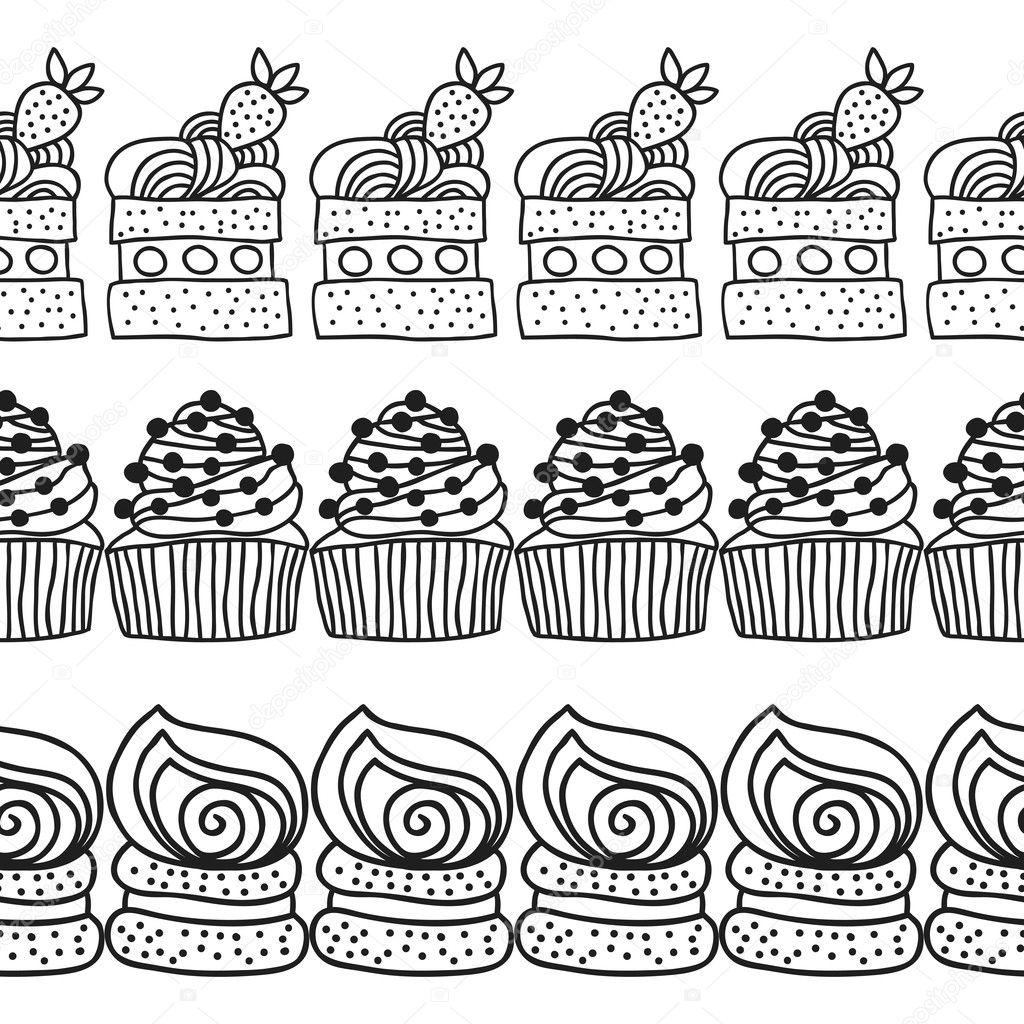 Bordo decorativo bianco e nero di torte per libri da colorare — Vettoriale Stock