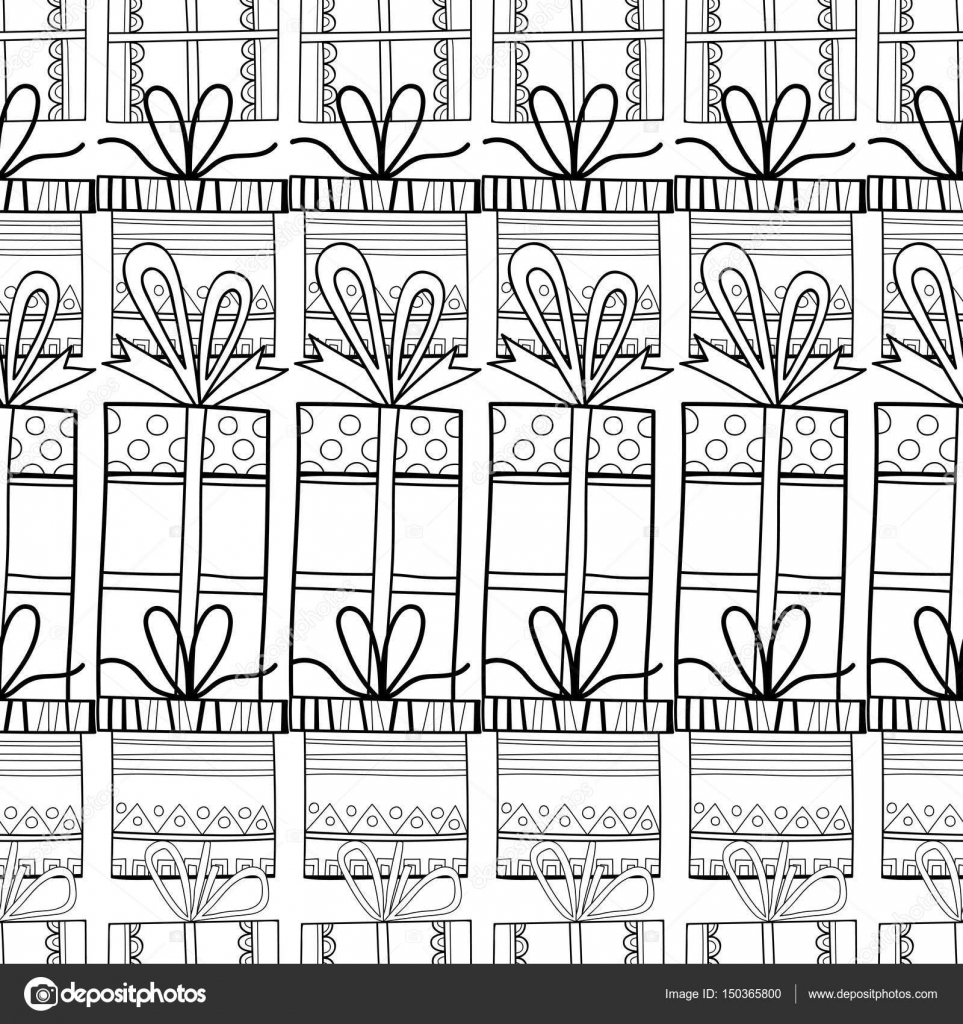 Modelli senza cuciture in bianco e nero con scatole regalo per libro da colorare pagina Priorit  bassa festiva — Vettoriali di lilipom