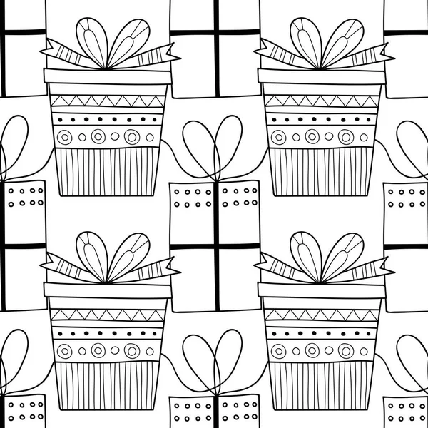 Gift boxes with decors, ornaments for coloring books. Black and white illustration, seamless pattern.