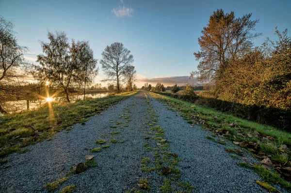 Sole Scoppiò Attraverso Gli Alberi Lungo Sentiero Ghiaia — Foto Stock