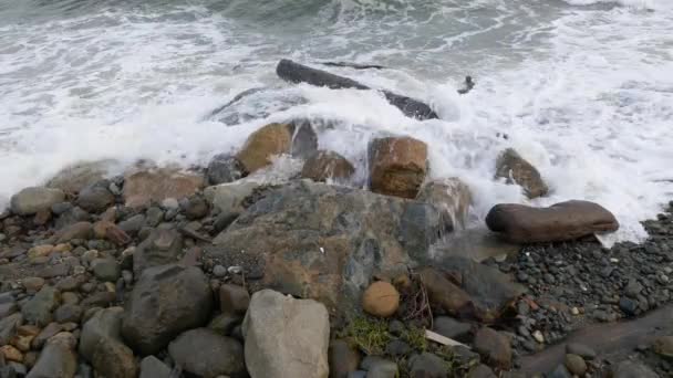 Large Rocks Beach Big Wavs Storm Slow Tilt Slow Motion — Stock Video