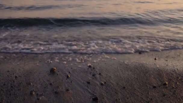 暗い砂浜から遠くの山々に波が流れるまでパン — ストック動画