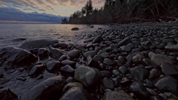 缓缓移动的岩石岸线 在日出时俯瞰树木和美丽的云彩 — 图库视频影像