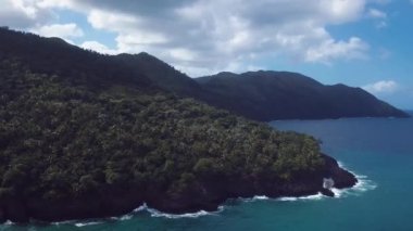 Karayip Denizi 'ndeki dağlar palmiye ağaçları ve dalgalar 4k 24 fps