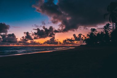 Karayipler 'de bulutlar ve palmiyelerle gün doğuyor.