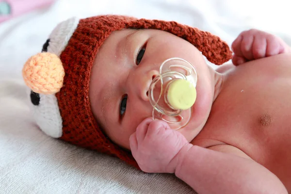 Portrait Infant Lying Bed Stock Photo