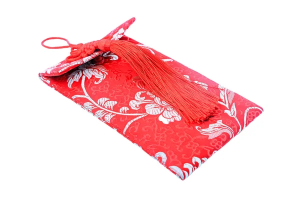 Saco Vermelho Pequeno Com Design Tecido Chinês Isolado Branco — Fotografia de Stock