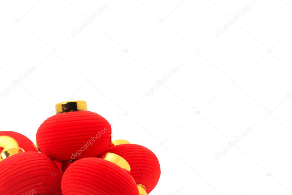 Group of small red Chinese lanterns for decoration isolated on white.  The chinese word means fortune.