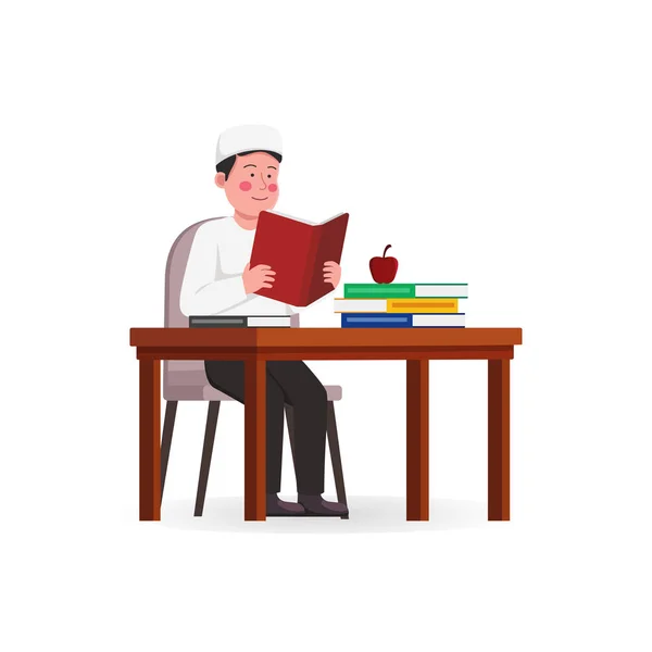 Muslim Boy Reading Book Desk Cute Cartoon Illustration — Stockový vektor