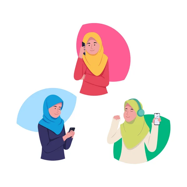 Set Attractive Young Hijab Girl Smartphone Flat Cartoon Illustration — ストックベクタ
