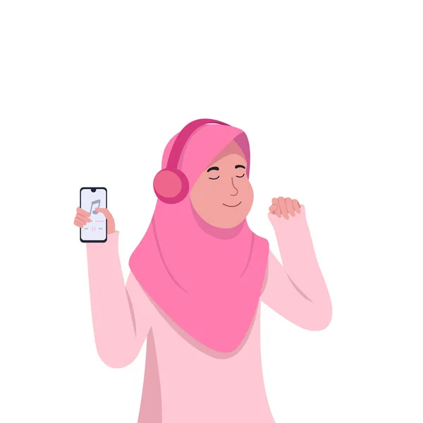 Cheerfull Young Hijab Girl Listening Music Portrait Cartoon - Stok Vektor