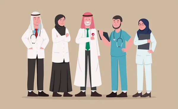 Stel Illustratie Arabisch Medisch Team Doctor Verpleegkundige Chacter Ontwerp Tekenfilm — Stockvector