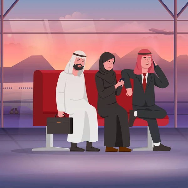 Bussinessman Árabe Mujer Sentada Juntos Espera Ilustración Aeroportuaria — Vector de stock