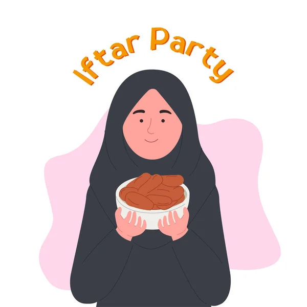 Iftar Party Ramadan Kareem Arabian Woman Holding Datas Fruit Bowl — Vetor de Stock