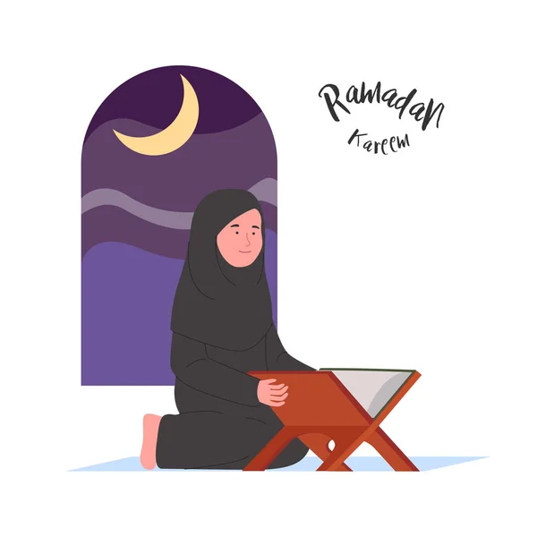 Ramadan Kareem Arabiska Kvinna Läs Koranen Tecknad Illustration — Stock vektor