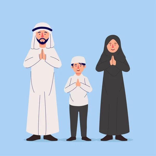 Arabian Family Gesturing Imádkozó Kéz Üdvözlet Eid Mubarak Illusztráció — Stock Vector