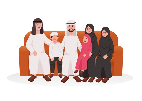 Grupo Familia Árabe Musulmana Feliz Sientan Juntos Sofá Abuelos Padres — Vector de stock