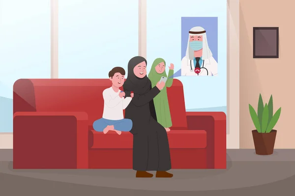 Família Árabe Quarentena Vídeo Chamando Com Pai Durante Trabalho Como — Vetor de Stock