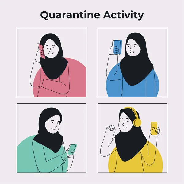 Group Hijab Girl Activity Gadget Quarantine Flat Illustration Cartoon — Stock Vector