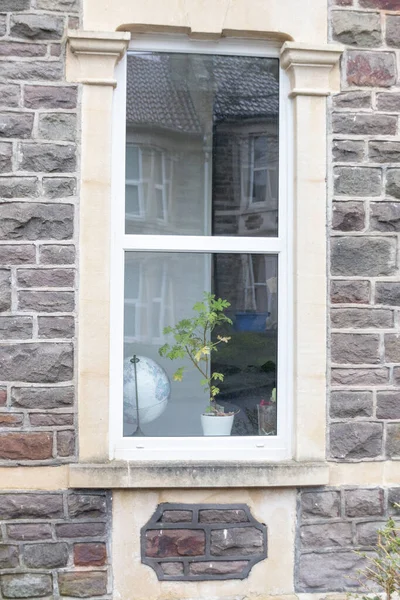 在一个装有世界地球仪的家庭窗口内的近景 并在窗口放置植物 — 图库照片