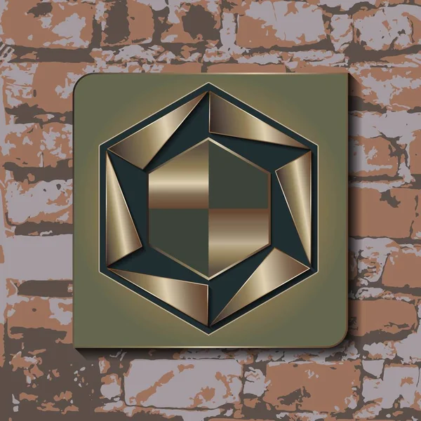Decorative abstract hexagon-shaped figure with golden petals against a brick wall background