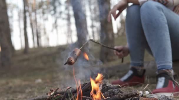 Κορίτσι Στη Φύση Μαγειρεύει Λουκάνικα Στην Πυρά — Αρχείο Βίντεο