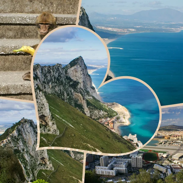 Koláž Gibraltaru skalní Panorama v nočním soumraku — Stock fotografie