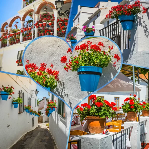 Collage von Mijas mit Blumentöpfen in Fassaden. andalusisches weißes Dorf. costa del sol — Stockfoto