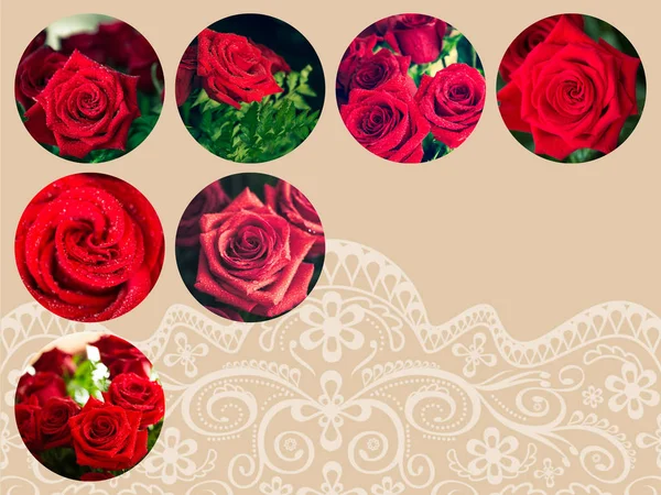 Collage di rosa rossa primo piano con goccia . — Foto Stock