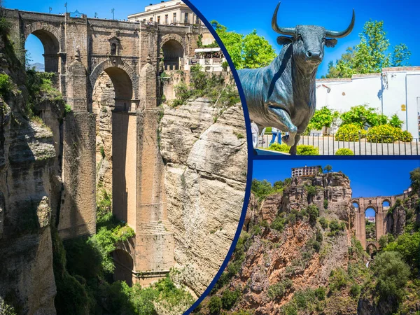 Collage av Ronda, Spanien på bron Puente Nuevo. — Stockfoto